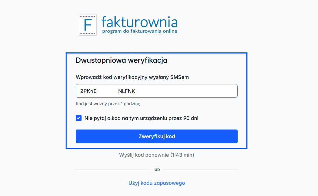 Drugi krok logowania do systemu Fakturownia z opcją podania drugiego elementu: kody weryfikacyjnego z aplikacji, SMS lub kodu zapasowego.