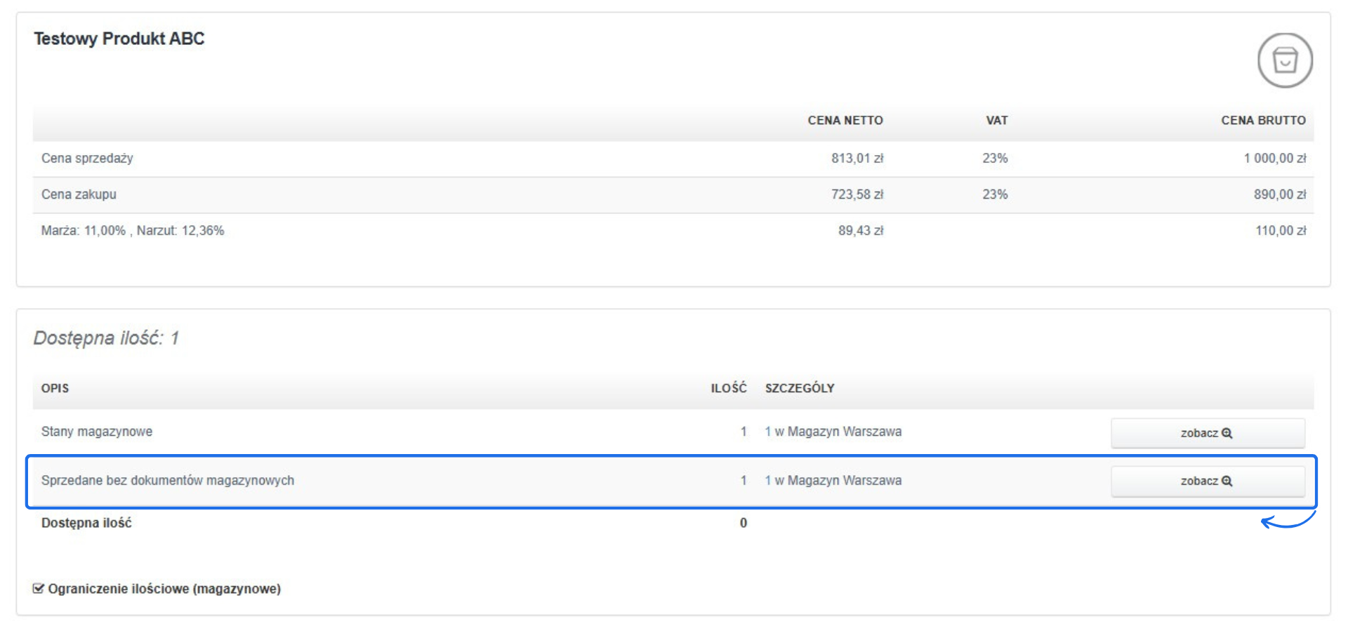 Podgląd Testowego Produktu ABC – sprzedaż bez dokumentów magazynowych, dostępna ilość: 1, cena brutto: 1 000 zł.