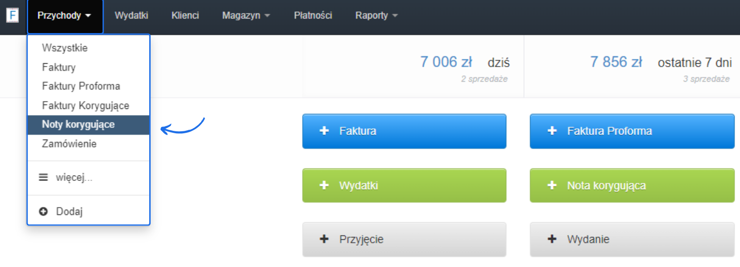 nota korygująca wystawiona poprzez zakładkę przychody