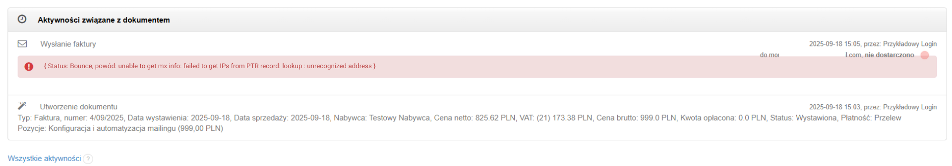 Aktywności związane z dokumentem dotyczące wysyłki faktury ze szczegółami błędu i przyczyny statusu niedostarczenia e-maila.