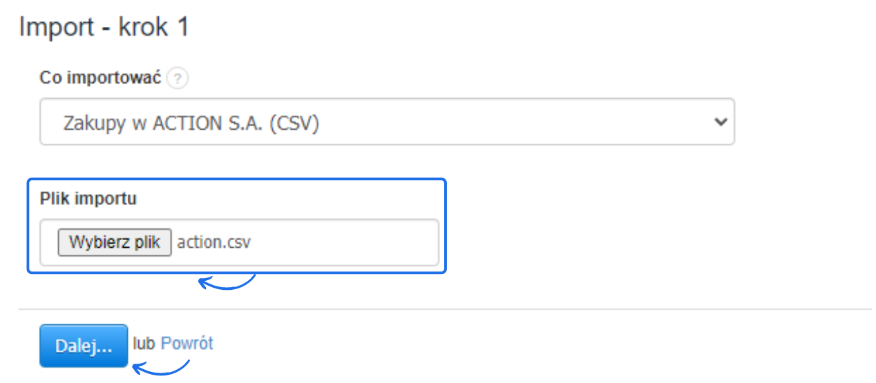 Ekran importu zakupów z ACTION S.A. (CSV) w systemie Fakturownia, z wybranym plikiem importu action.csv i przyciskiem 'Dalej'.