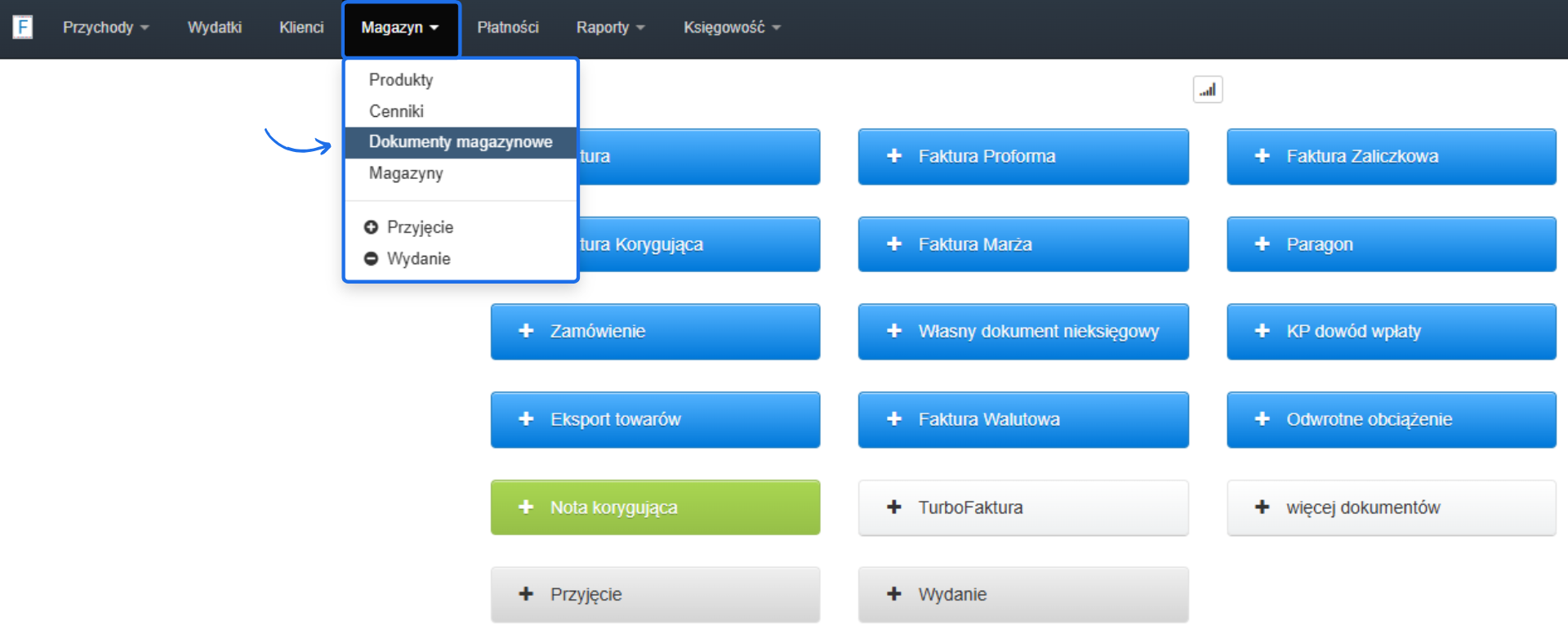 Panel Fakturowni z rozwijanym menu 'Magazyny' i zaznaczoną opcją 'Dokumenty magazynowe' oraz przyciskami do tworzenia różnych dokumentów księgowych.