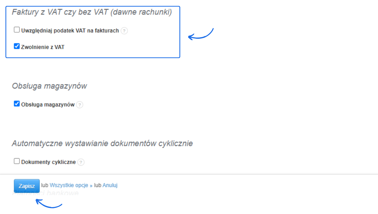 Ustawienia konta: wybór faktur z VAT lub bez VAT, obsługa magazynów, automatyczne wystawianie dokumentów cyklicznych, przycisk zapisz.