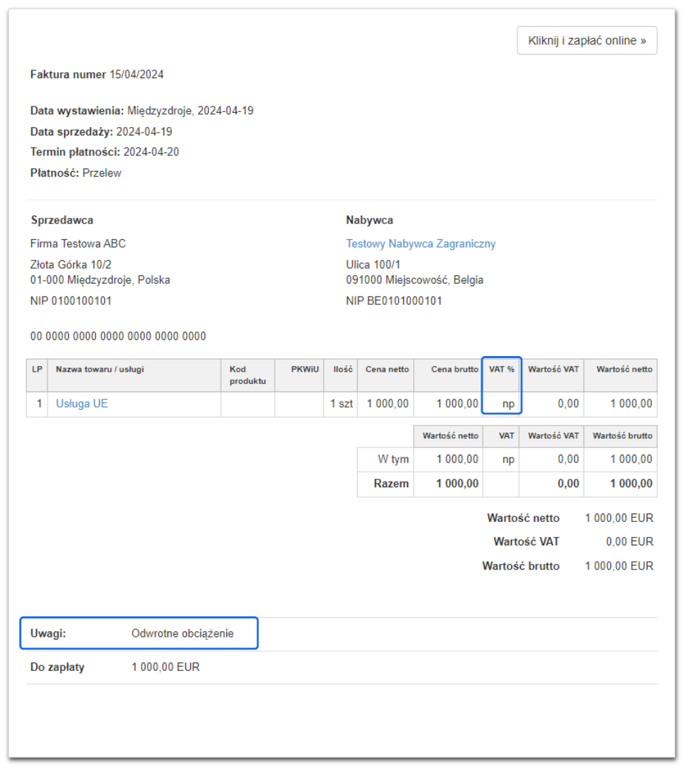 Faktura sprzedaży z zagranicznym nabywcą, oznaczeniem VAT jako 'np' oraz uwagą o odwrotnym obciążeniu, kwota do zapłaty 1000 EUR.