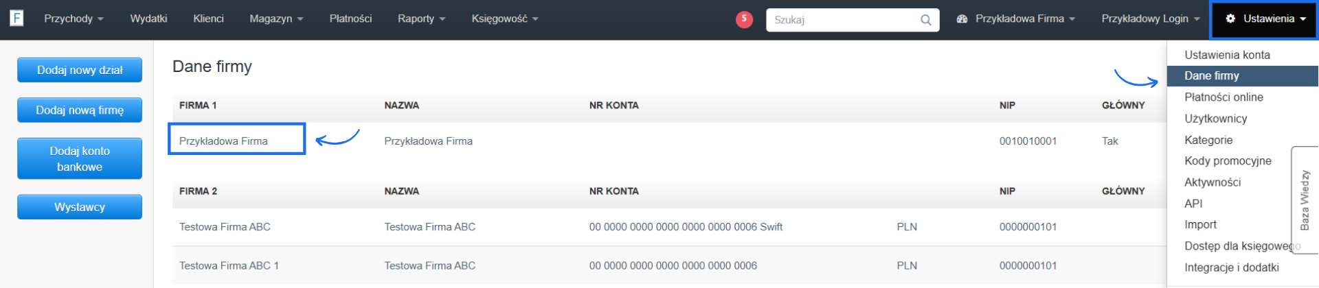 Lista firm i działów dodanych na koncie w systemie do Fakturownia online.