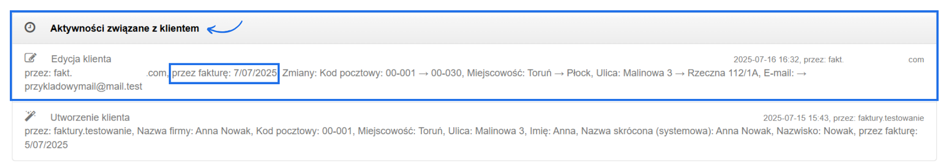 Sekcja aktywności związanych z klientem z widoczną akcją edycji danych na podstawie dokumentu.