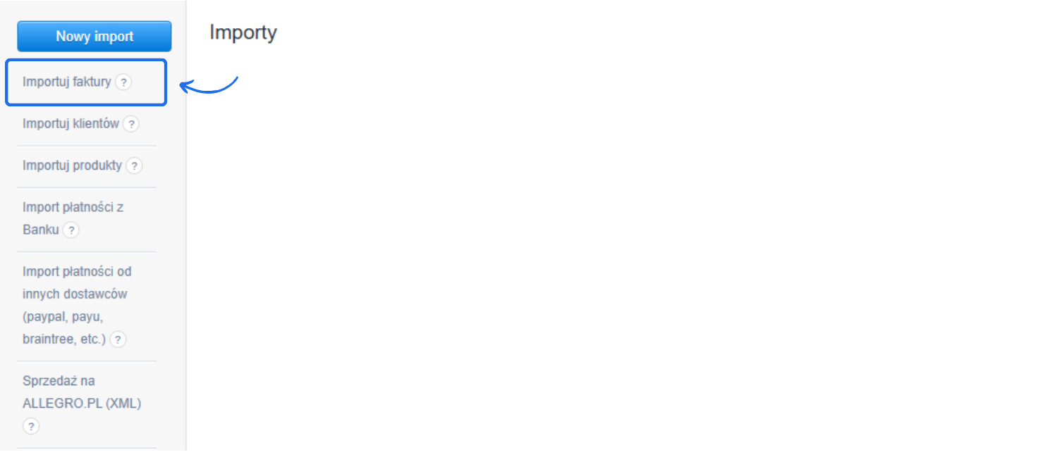 Panel importu danych z opcjami importu faktur, klientów, produktów i płatności w systemie fakturowania online.