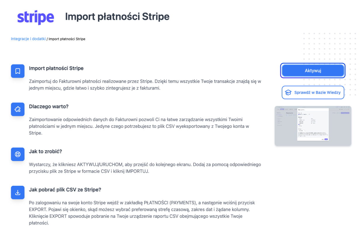 Instrukcja importu płatności Stripe w Fakturowni, z opisem korzyści, kroków aktywacji, pobierania pliku CSV i przyciskiem 'Aktywuj'.