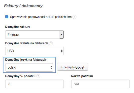 Ustawienia faktury: domyślny język, waluta, typ dokumentu i stawka VAT ustawiona na 8%.