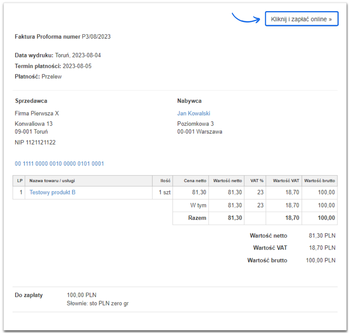 Faktura sprzedażowa wystawiona przez firmę X dla Jana Kowalskiego z przyciskiem 'Kliknij i zapłać online' dedykowanym dla szybkich płatności online.