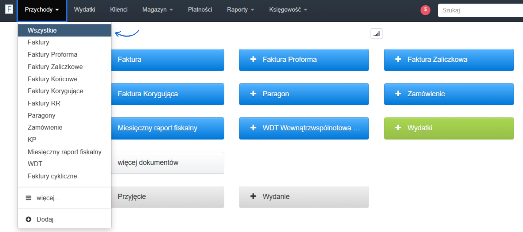 Strona główna systemu do fakturowania online z aktywną zakładką przychodów z możliwością wyboru wszystkich dokumentów lub wybranego typu.