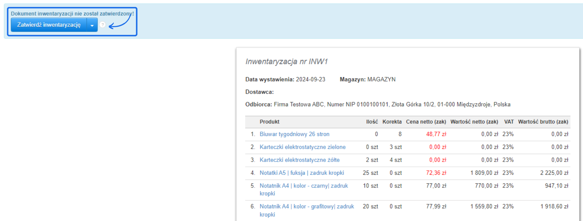 Ekran inwentaryzacji z opcją zatwierdzenia dokumentu, lista produktów z cenami netto, korektami i wartością brutto na dzień 23 września 2024.