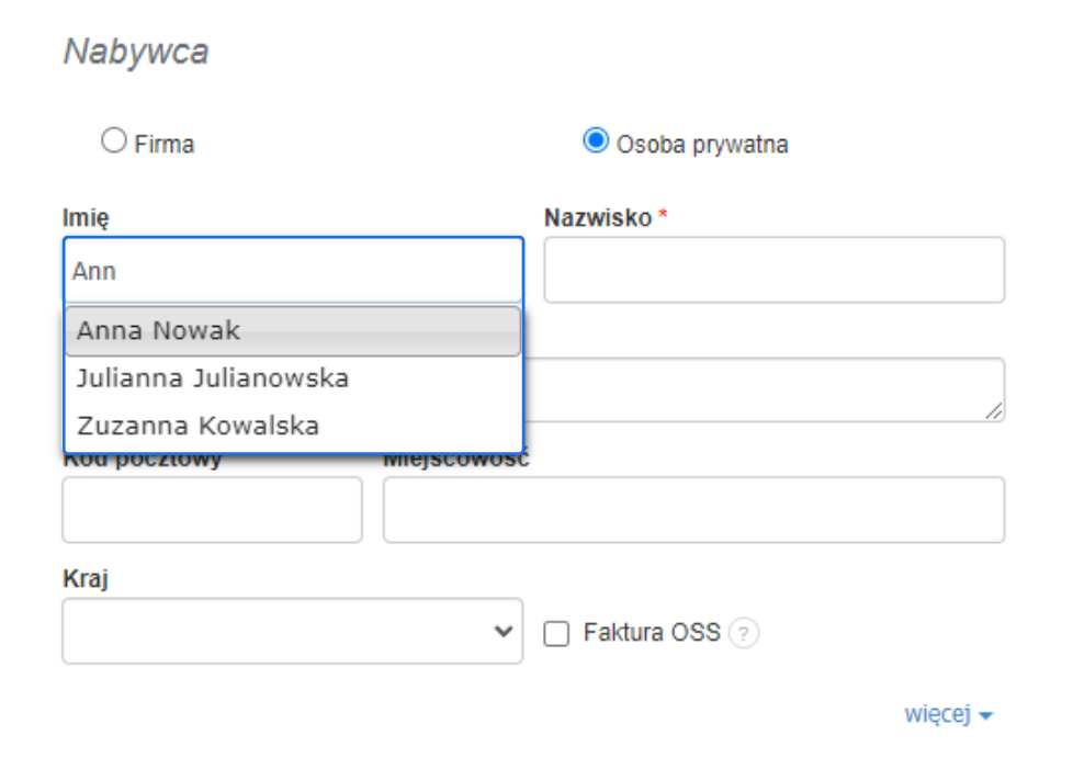 Pole wyboru osoby prywatnej z aktywnym wyszukiwaniem imienia nabywcy, lista z sugestiami kontrahentów do wyboru.