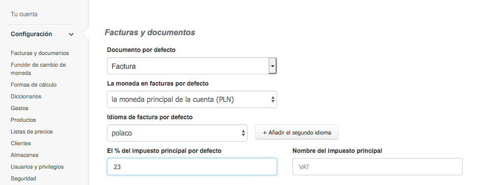 el % del impuesto principal por defecto