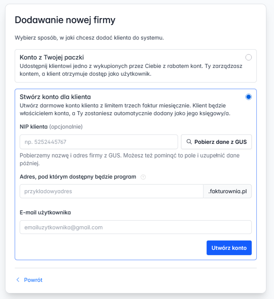 Dodawanie nowej firmy w ramach panelu obsługiwanych firm poprzez opcję stworzenia nowego konta dla klienta.