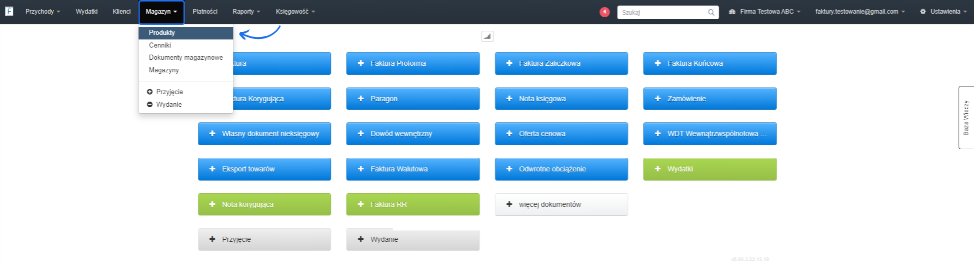 Zrzut ekranu przedstawiający główne menu w Fakturowni z rozwiniętym menu 'Magazyn', podświetlonymi opcjami 'Produkty', 'Cenniki', 'Dokumenty magazynowe' oraz 'Magazyny'.