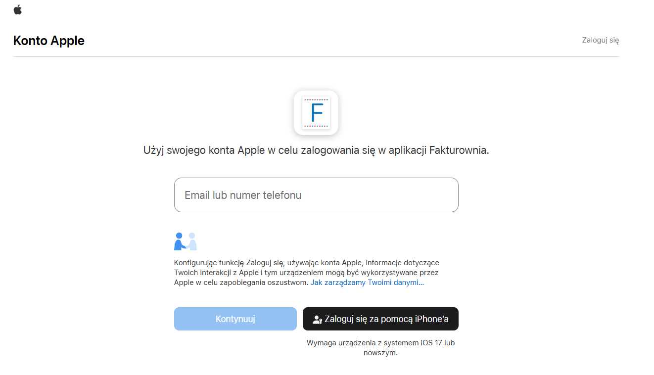 Formularz logowania do konta Apple w celu połączenia z kontem w Fakturowni.