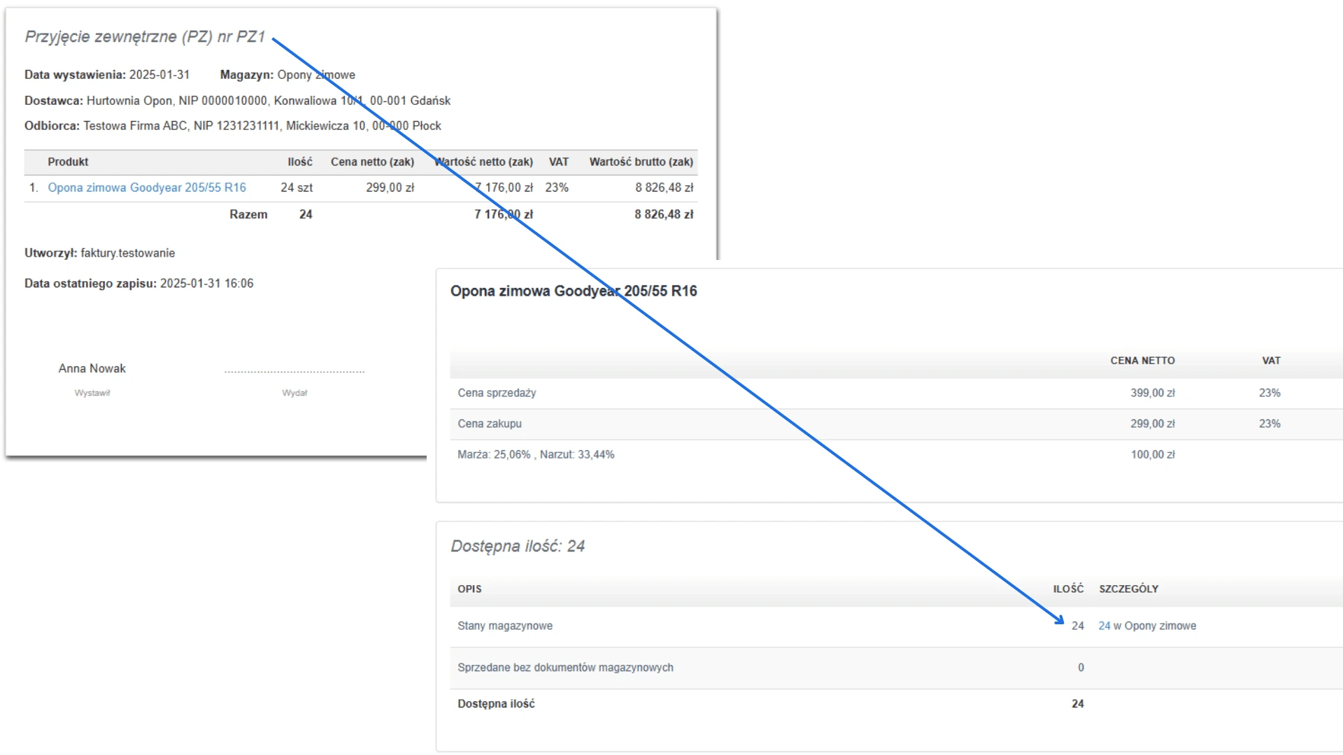 Dokument przyjęcia zewnętrznego (PZ) dla opon zimowych Goodyear 205/55 R16 i zaktualizowany stan magazynowy wynoszący 24 sztuki.