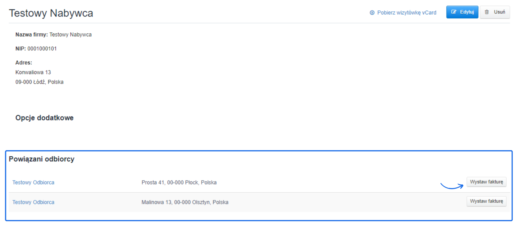 Ekran szczegółów nabywcy z opcjami edycji i usunięcia, pokazujący powiązanych odbiorców z adresami i przyciskiem do wystawienia faktury.