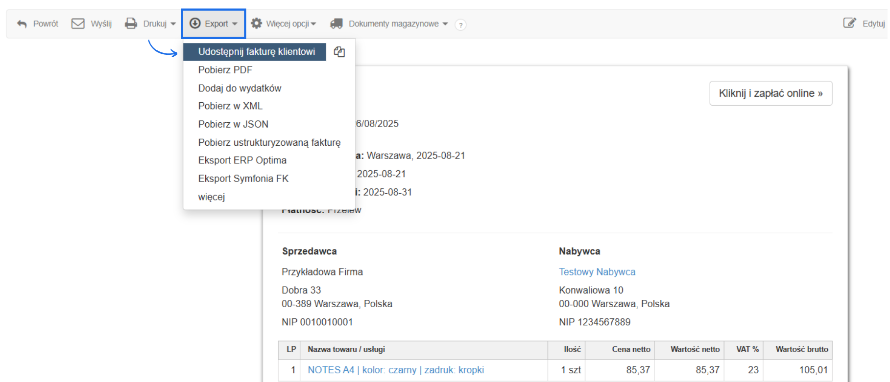 Podgląd faktury sprzedażowej w systemie do fakturowania online z aktywną zakładką eksportu i opcją udostępnienia faktury klientowi za pomocą linku.