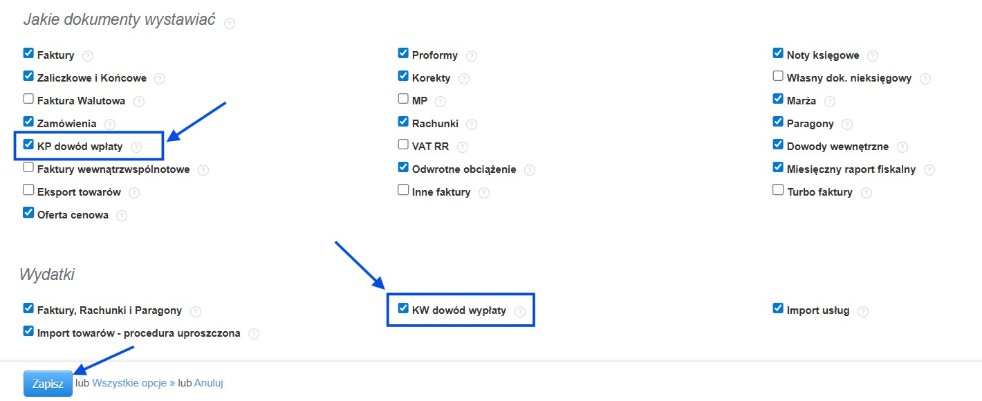 Ustawienia konta w systemie Fakturownia z aktywacją dokumentów KP (kasa przyjęła) i KW (kasa wydała).