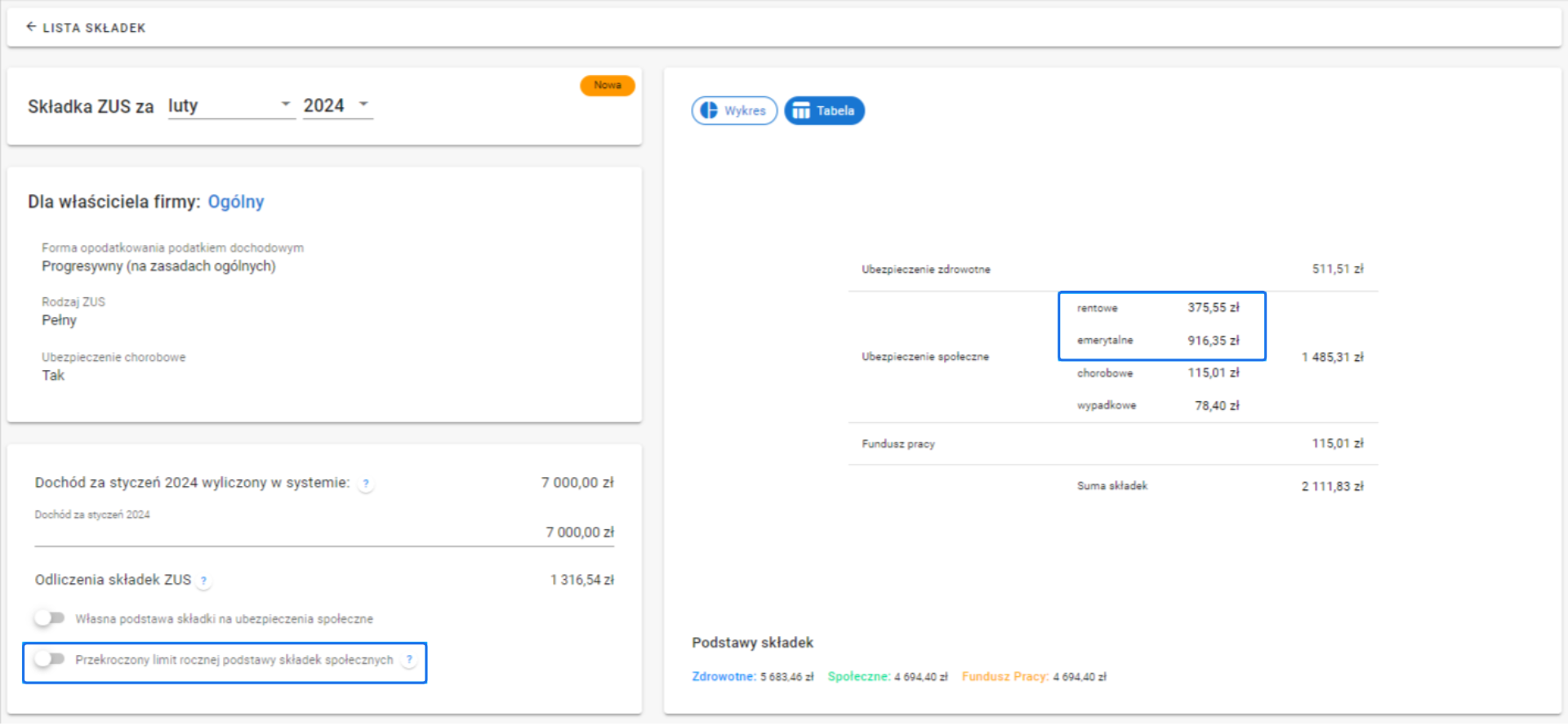 Panel wyliczania składek ZUS w systemie księgowym za luty 2024, przedstawiający podstawy i sumy składek.