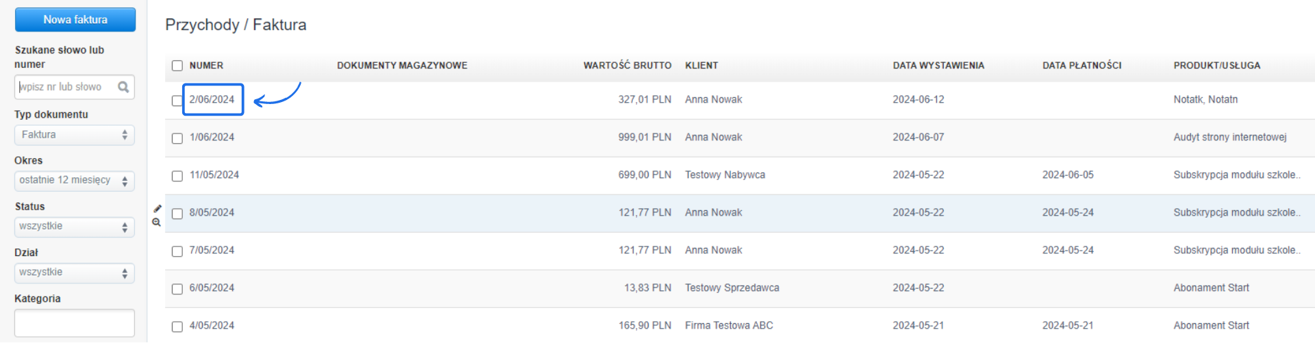 Ekran listy faktur w systemie fakturowania, z zaznaczoną fakturą nr 2/06/2024, widoczne informacje to numer, klient, data wystawienia, data płatności, wartość brutto i produkt/usługa.
