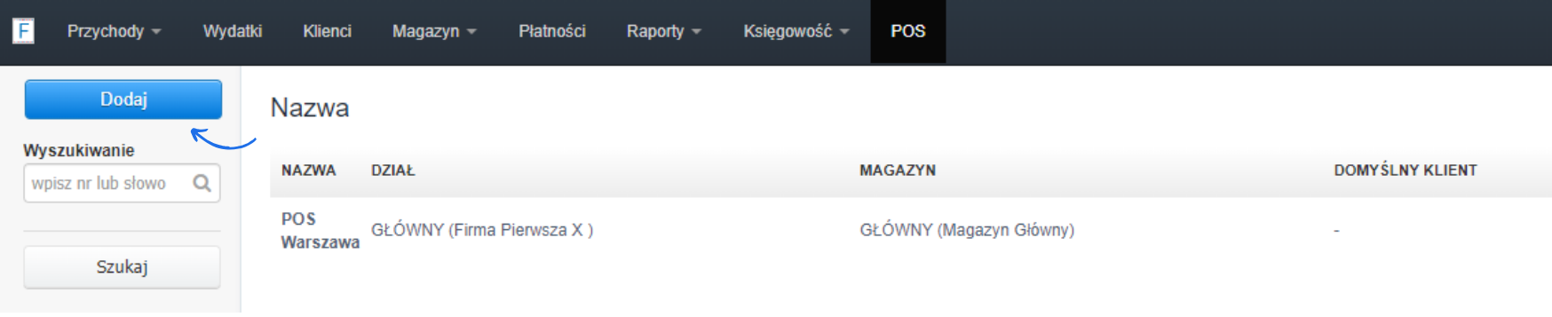 Lista punktów sprzedaży utworzona na koncie w Fakturowni z możliwością dodania nowego punktu za pomocą przycisku Dodaj.