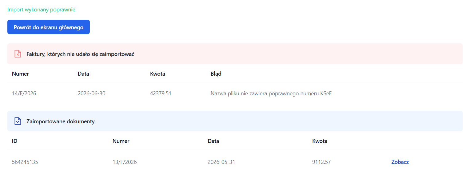 Podsumowanie importu KSeF z listą zaimportowanych faktur oraz tych, które nie powstały z przyczyną.