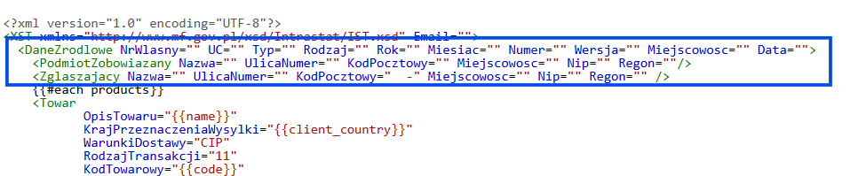 Dane w formacie XML dla eksportu w formacie Intrastat z sekcją danych źródłowych.