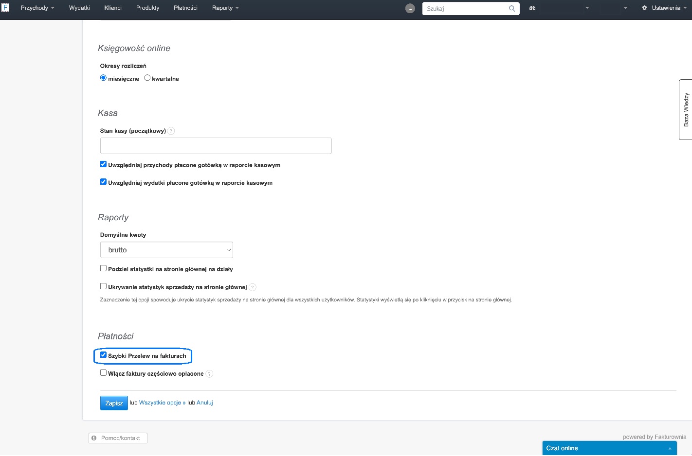 Ustawienia konta i funkcje księgowość online z różnymi opcjami raportów oraz kasowego uwzględniania przychodów i wydatków oraz płatności i szybki przelew na fakturach
