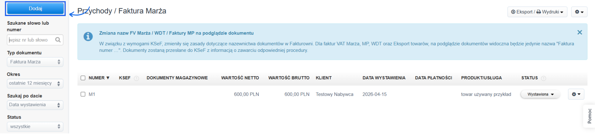 Lista faktur VAT marża wystawionych na koncie z możliwością filtrowania listy i dodania nowej faktury.