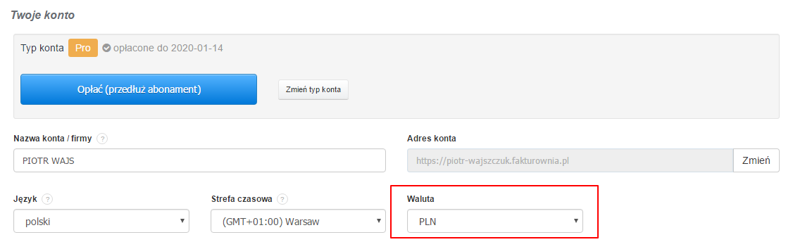 waluta całego konta
