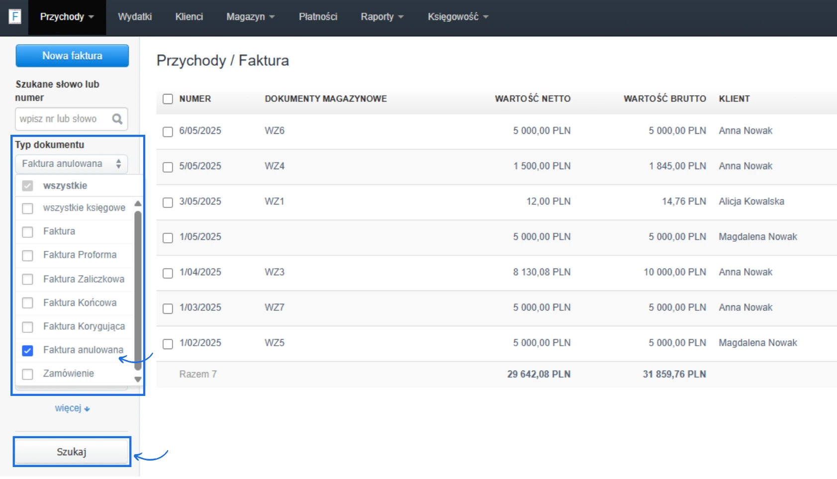 Opcja filtrowania listy dokumentów po typie dokumentu pozwalająca na wyszukanie w systemie Fakturownia faktur oznaczonych jako anulowane. 