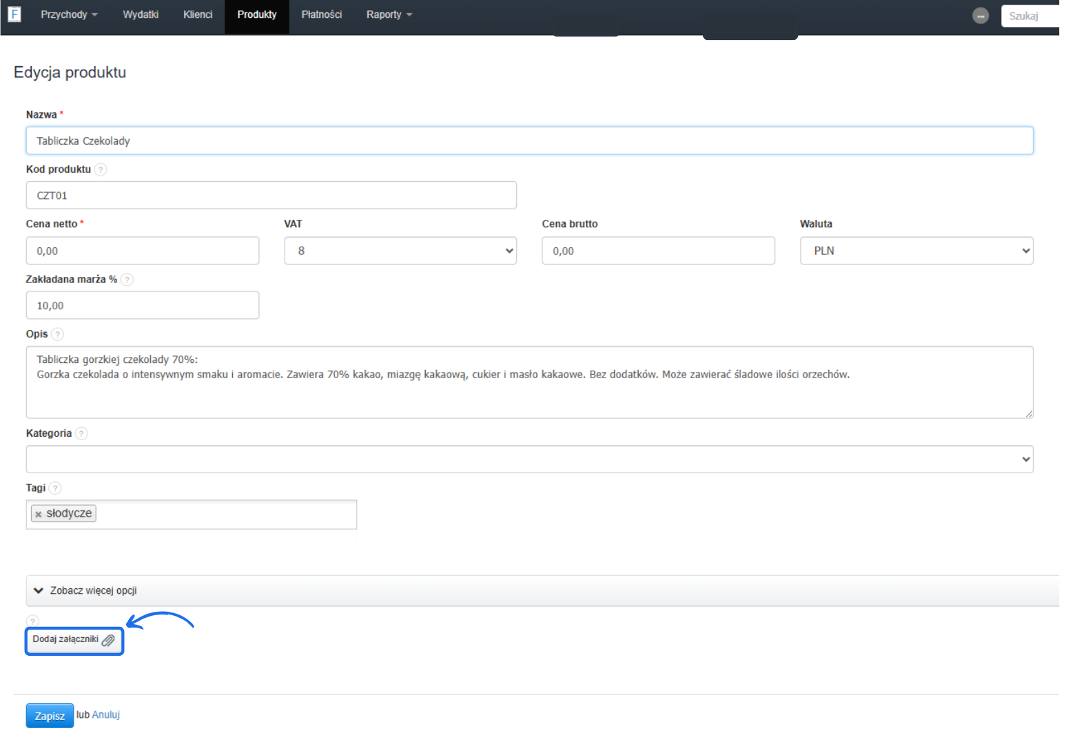 Edycja produktu do faktury: tabliczka czekolady z opisem, stawką VAT 8% i opcją dodania załączników
