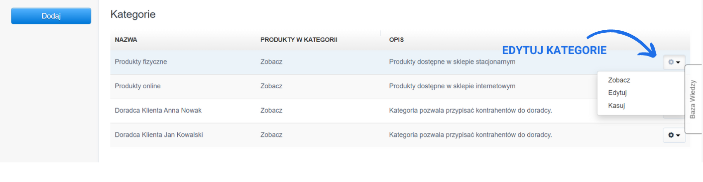 Strona kategorii w Fakturowni, z listą kategorii i opcjami do edytowania, zobaczenia lub usunięcia kategorii, oraz przyciskiem 'Dodaj' po lewej stronie