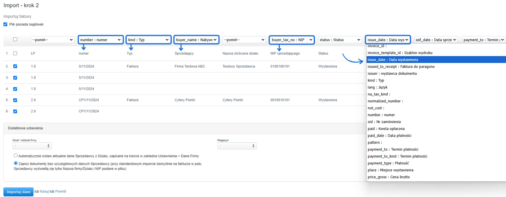 Import faktur krok 2 z opcją wyboru zmiennych, w tym numer faktury, typ, sprzedawca, NIP, data wystawienia, kurs waluty, KSeF.