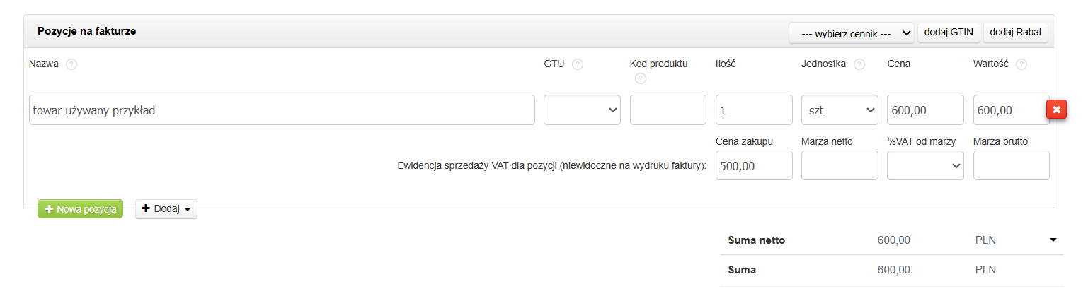 Formularz tworzenia faktury VAT marża z uzupełnioną ceną sprzedaży i ceną zakupu. 