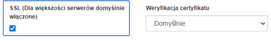 Opcje konfiguracji wysyłania e-maili: zaznaczona opcja SSL oraz weryfikacja certyfikatu ustawiona na 'Domyślnie'.