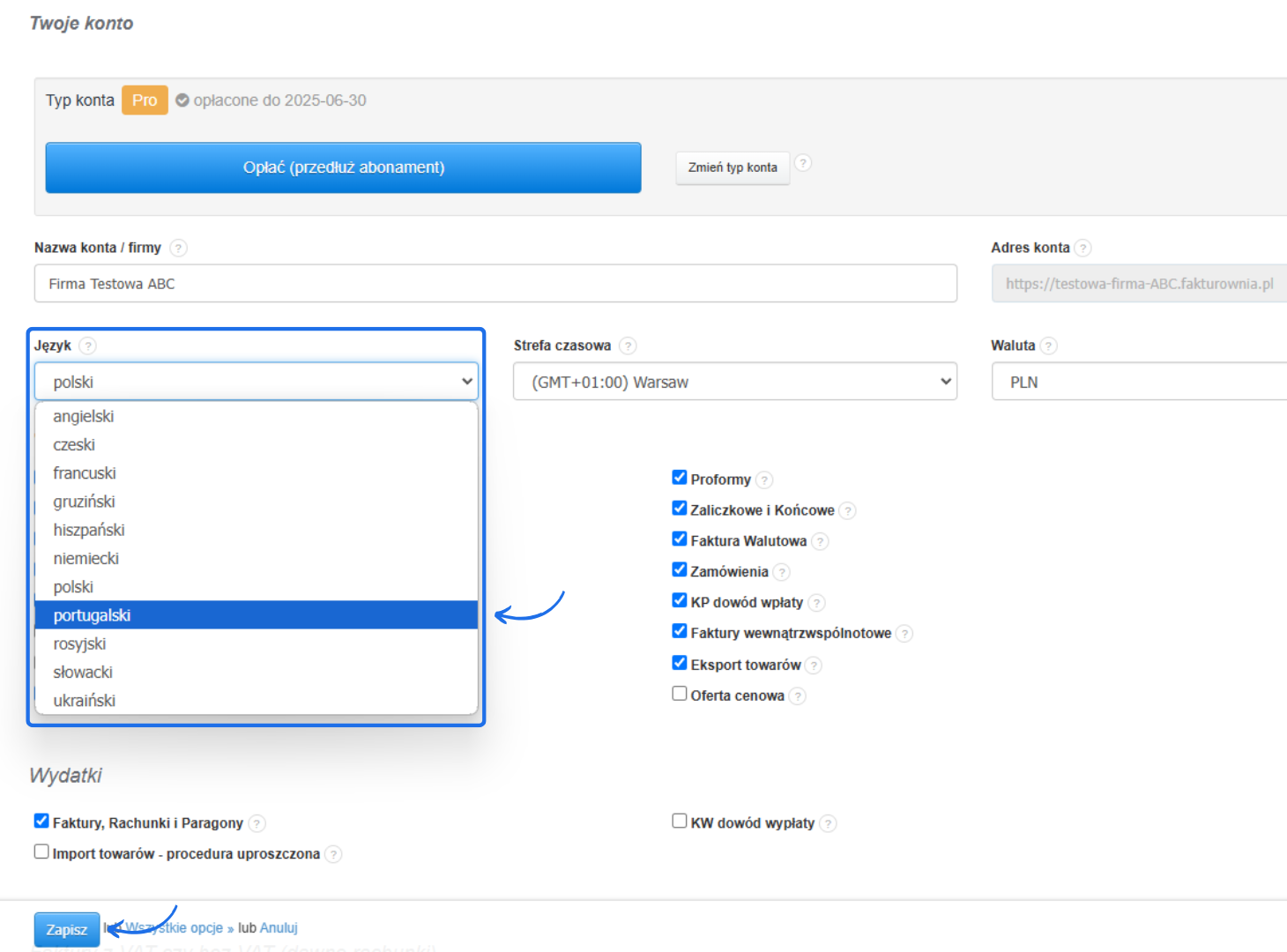 Panel ustawień konta w systemie Fakturownia z opcją wyboru języka interfejsu, strefy czasowej i aktywacji dodatkowych funkcji, np. proform.