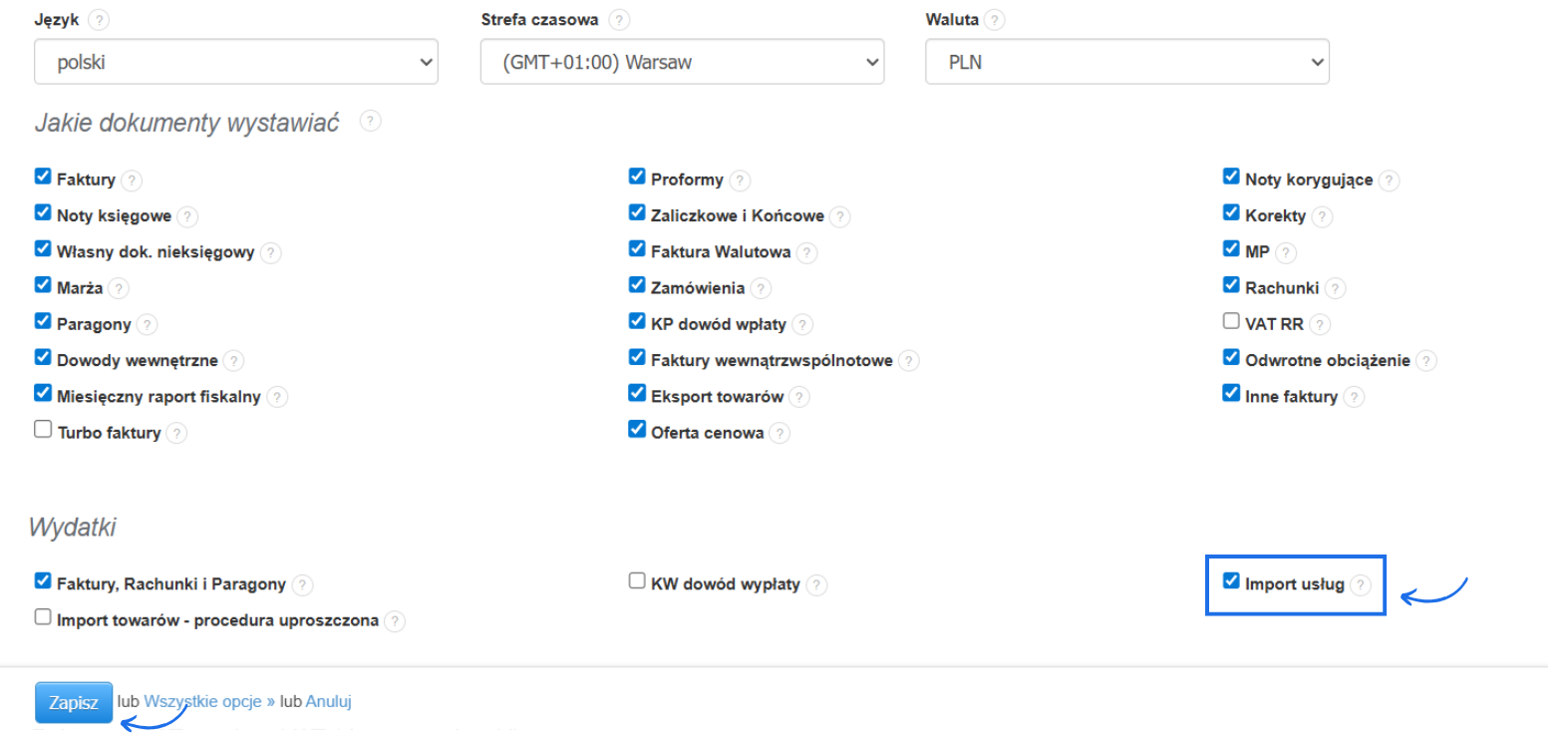 Ustawienia konta w systemie Fakturownia z sekcją jakie dokumenty wystawiać po stronie przychodów i wydatków z aktywnym typem dokumentu import usług.