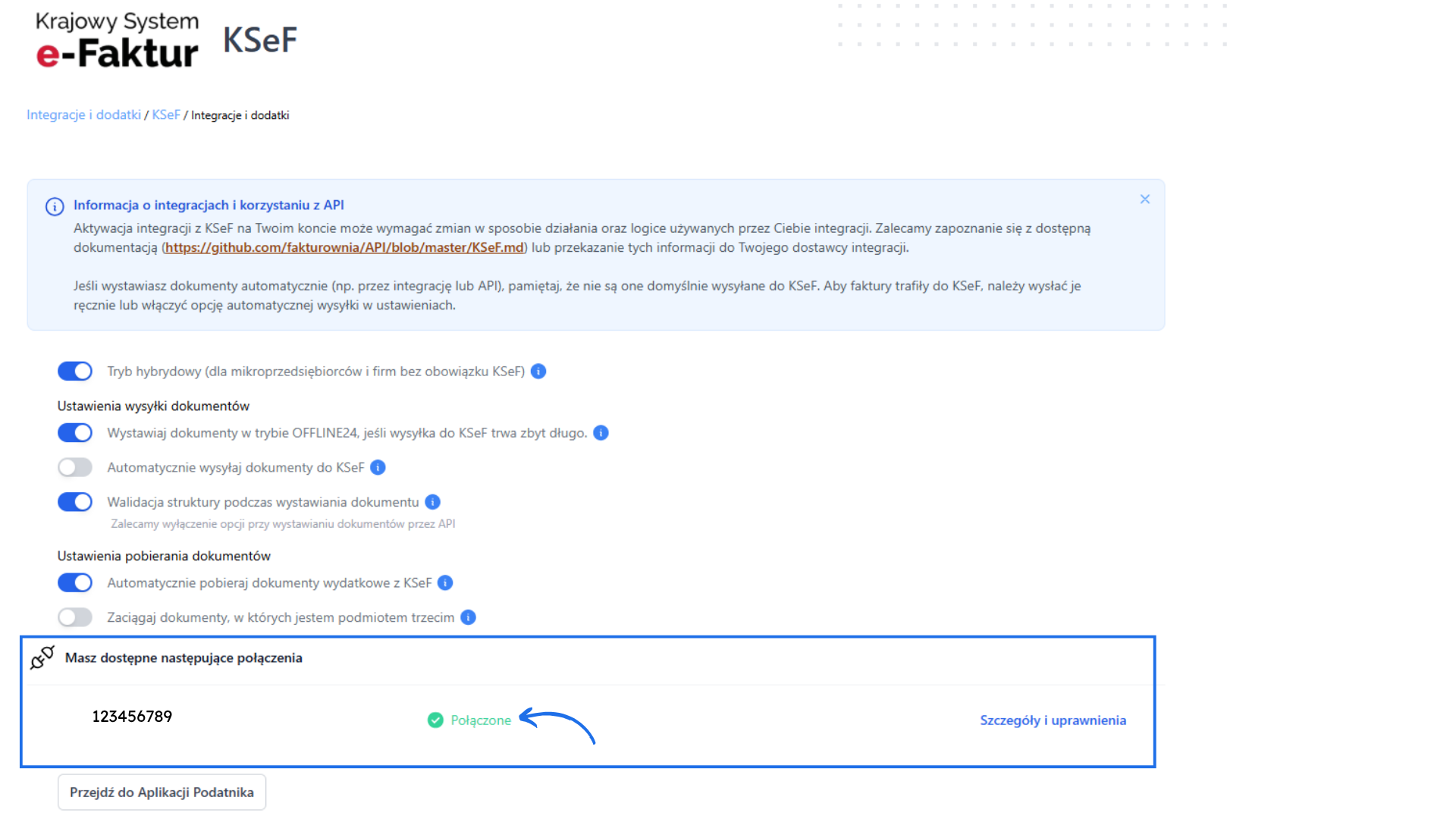 Aktywna integracja KSeF w Fakturowni — status Połączone przy numerze NIP po zakończeniu autoryzacji.