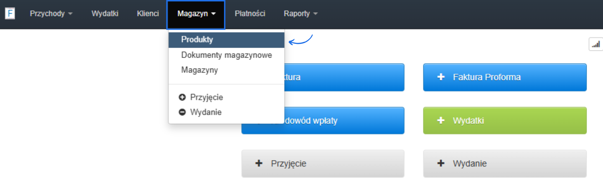 Menu Magazyn w Fakturowni – podgląd opcji: Produkty, Dokumenty magazynowe, Przyjęcie, Wydanie.
