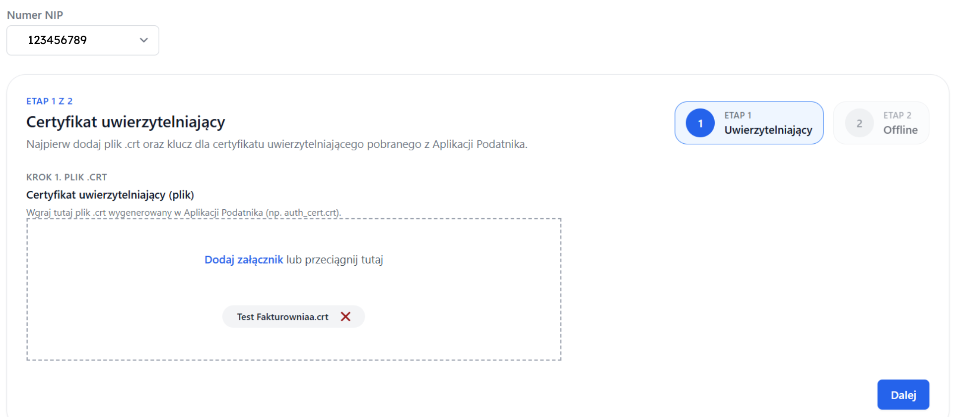 Formularz dodawania certyfikatu uwierzytelniającego w KSeF – krok 1: załączenie pliku .crt wygenerowanego w Aplikacji Podatnika.