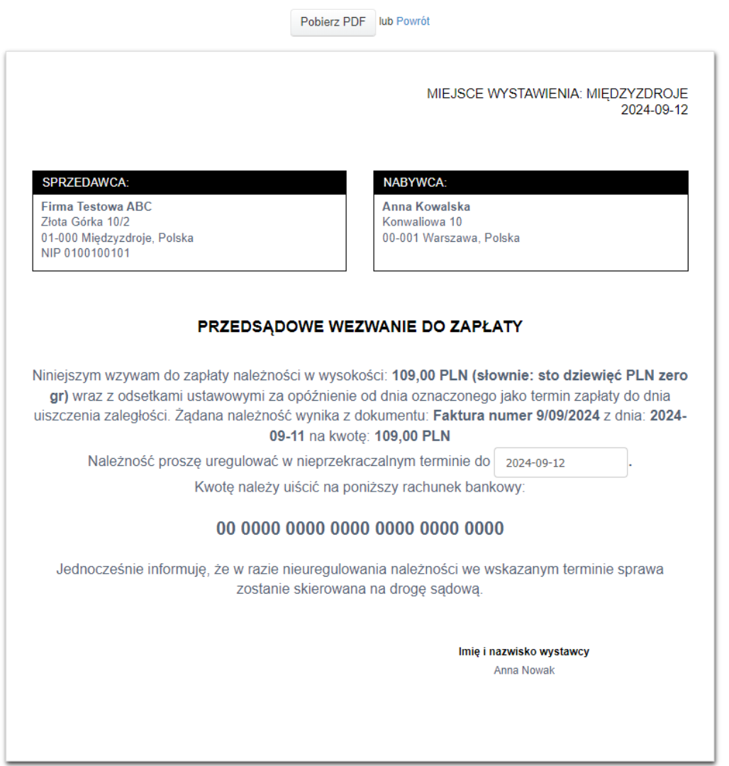 Przykład przedsądowego wezwania do zapłaty, z kwotą 109 PLN, terminem płatności, numerem faktury, danymi sprzedawcy i nabywcy oraz numerem rachunku bankowego.