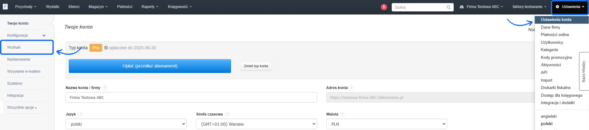 Panel ustawień konta w systemie fakturowania, obejmujący konfigurację wydruków, typ konta oraz szczegóły walutowe i strefę czasową.