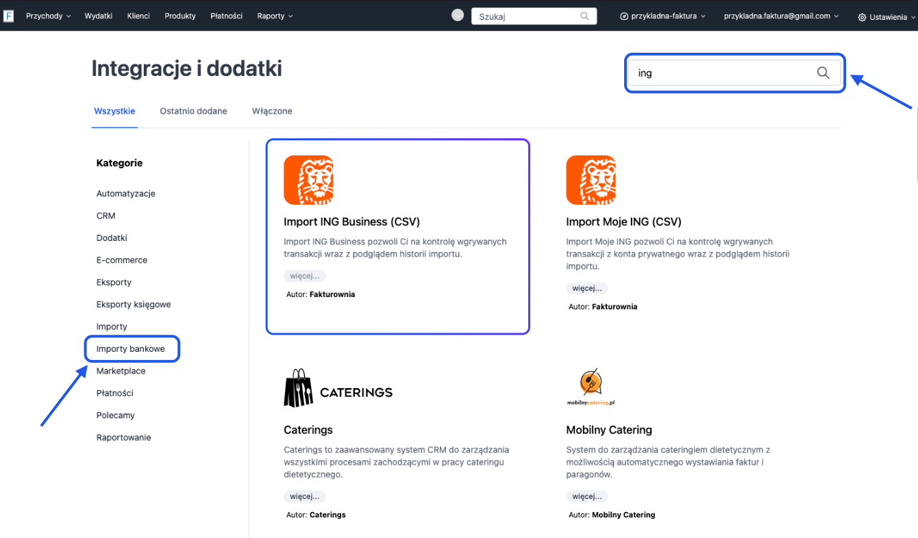 Integracje i dodatki w systemie Fakturownia, moduły importu transakcji bankowych ING Business i Moje ING, kategoria Importy bankowe