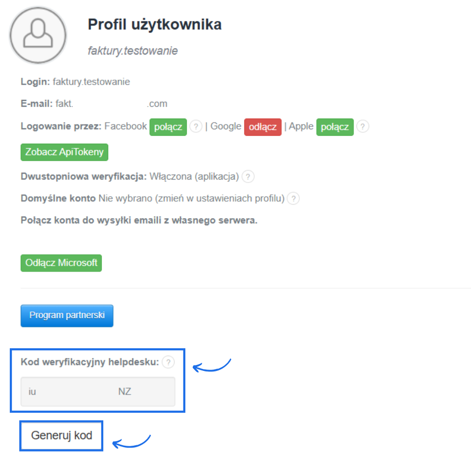 Podsumowanie informacji w profilu użytkownika z możliwością aktywowania połączeń do logowania lub wysyłki oraz wygenerowania kodu weryfikacyjnego dla helpdesku.