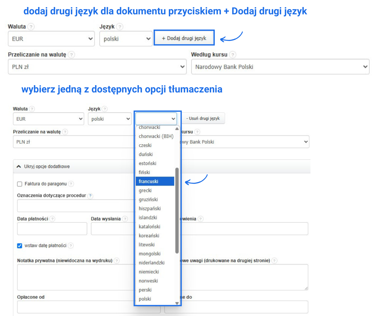 Formularz tworzenia faktury w systemie do fakturowania z możliwością dodania drugiego języka i wystawienia faktury dwujęzycznej.