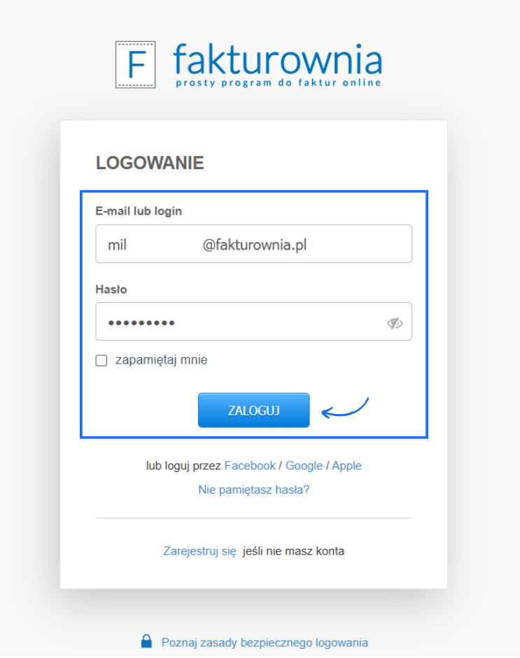 Formularz logowania do systemu Fakturownia z uzupełnionym adresem e-mail i hasłem.